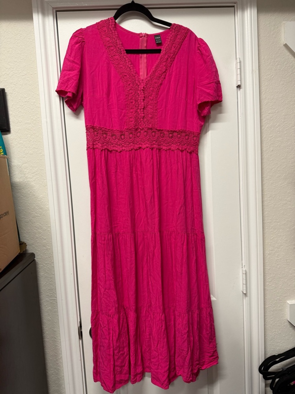 SHEIN Hot Pink Crochet Trim Midi Dress XL Boho V Neck Short Sleeve